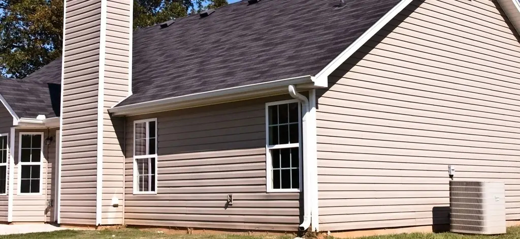 A gable end clad in taupe lap siding, gutter and downspout run, trimmed windows